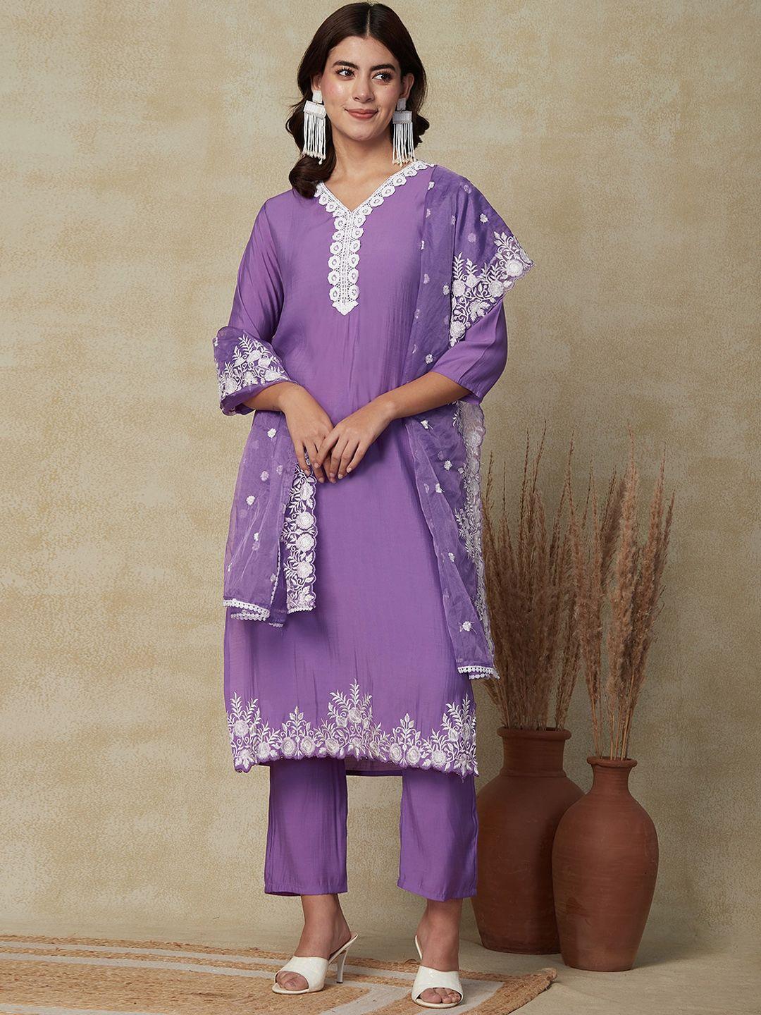 fashor floral floral embroidered kurta with trousers & dupatta