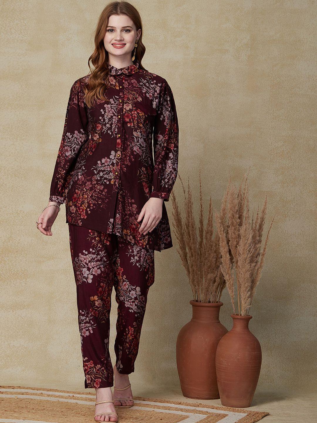 fashor floral foil printed shirt collar tunic with printed trousers