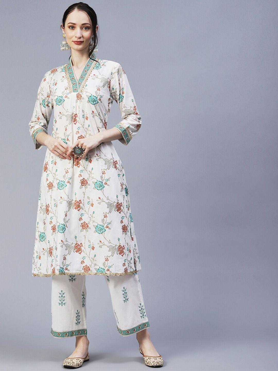 fashor floral foil printed thread work a-line pure cotton kurta with palazzos