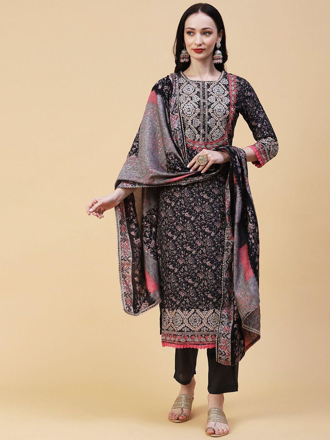 fashor floral foil printed zari detail straight kurta with trousers & dupatta