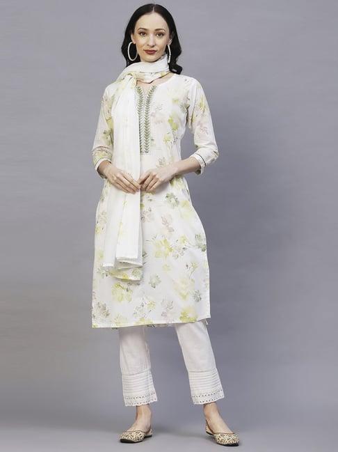 fashor floral green & white printed resham embroidered kurta with floral border dupatta