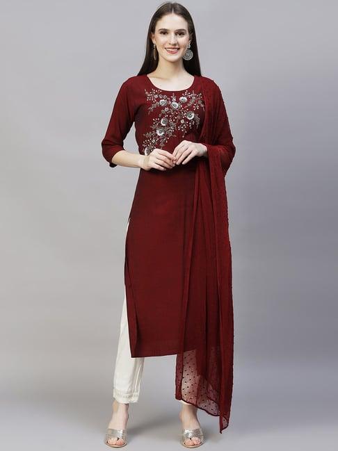 fashor floral maroon hand embroidered straight kurta with dupatta