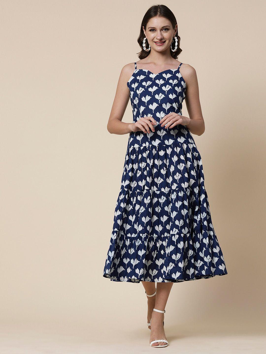 fashor floral print shoulder strap tiered  fit & flare cotton midi dress