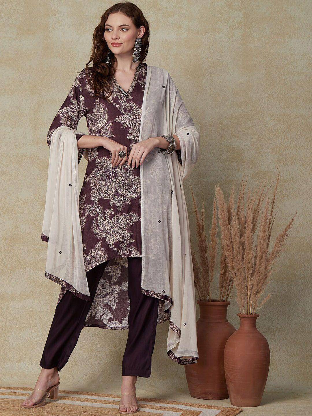 fashor floral printed a-line kurta with trousers & with dupatta