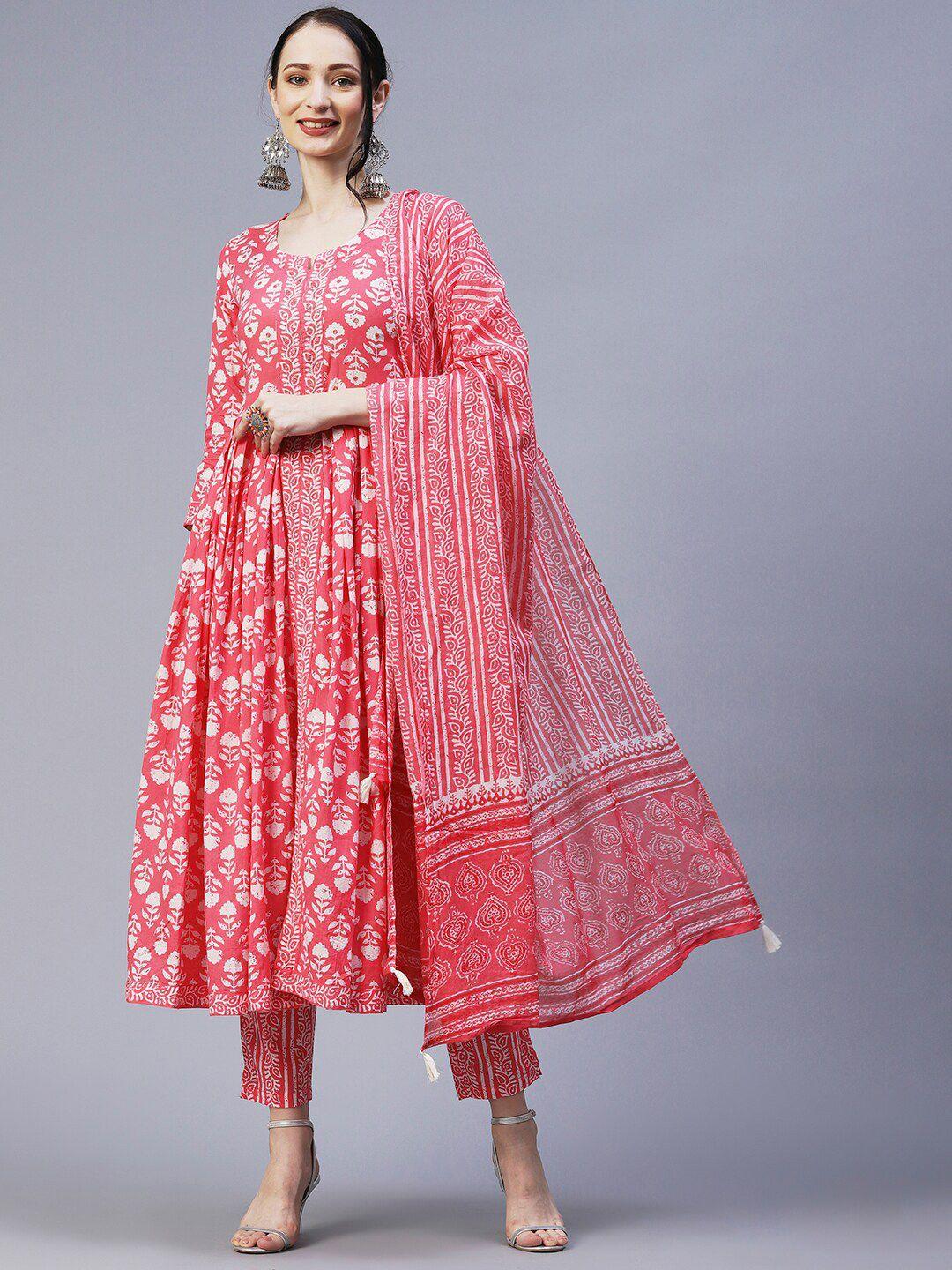 fashor floral printed a-line pleated pure cotton kurta with trousers & dupatta