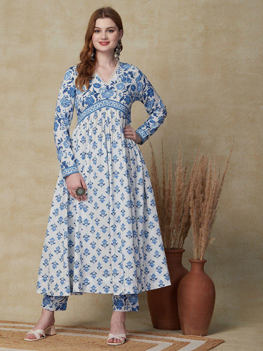 fashor floral printed anarkali empire cotton kurta with trousers