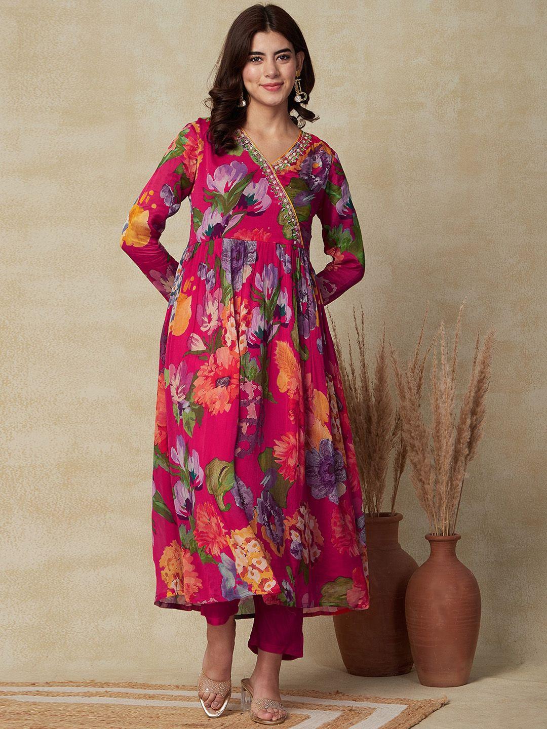 fashor floral printed angrakha a-line kurta with trousers & dupatta