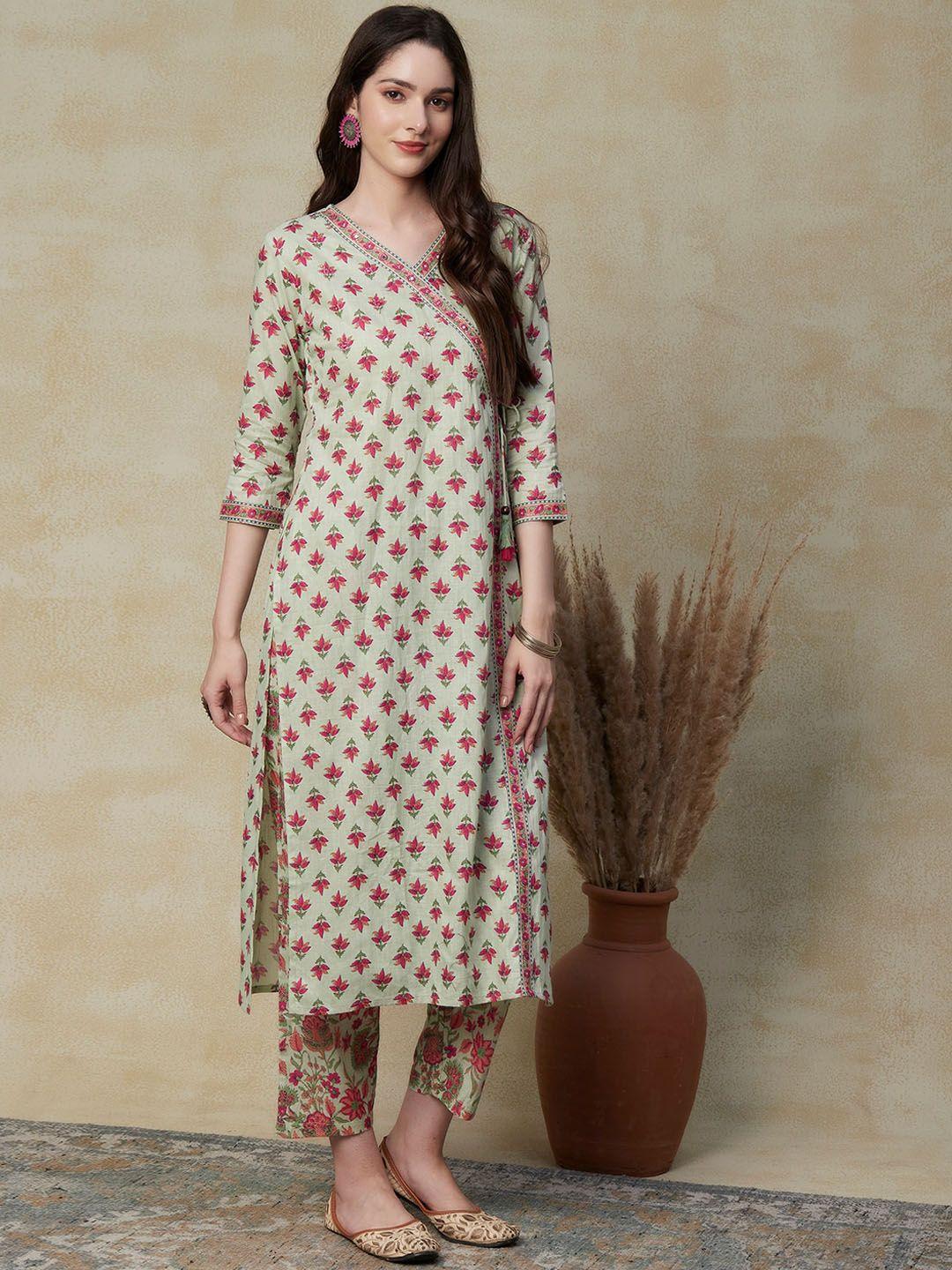fashor floral printed angrakha mirror work pure cotton kurta with trousers