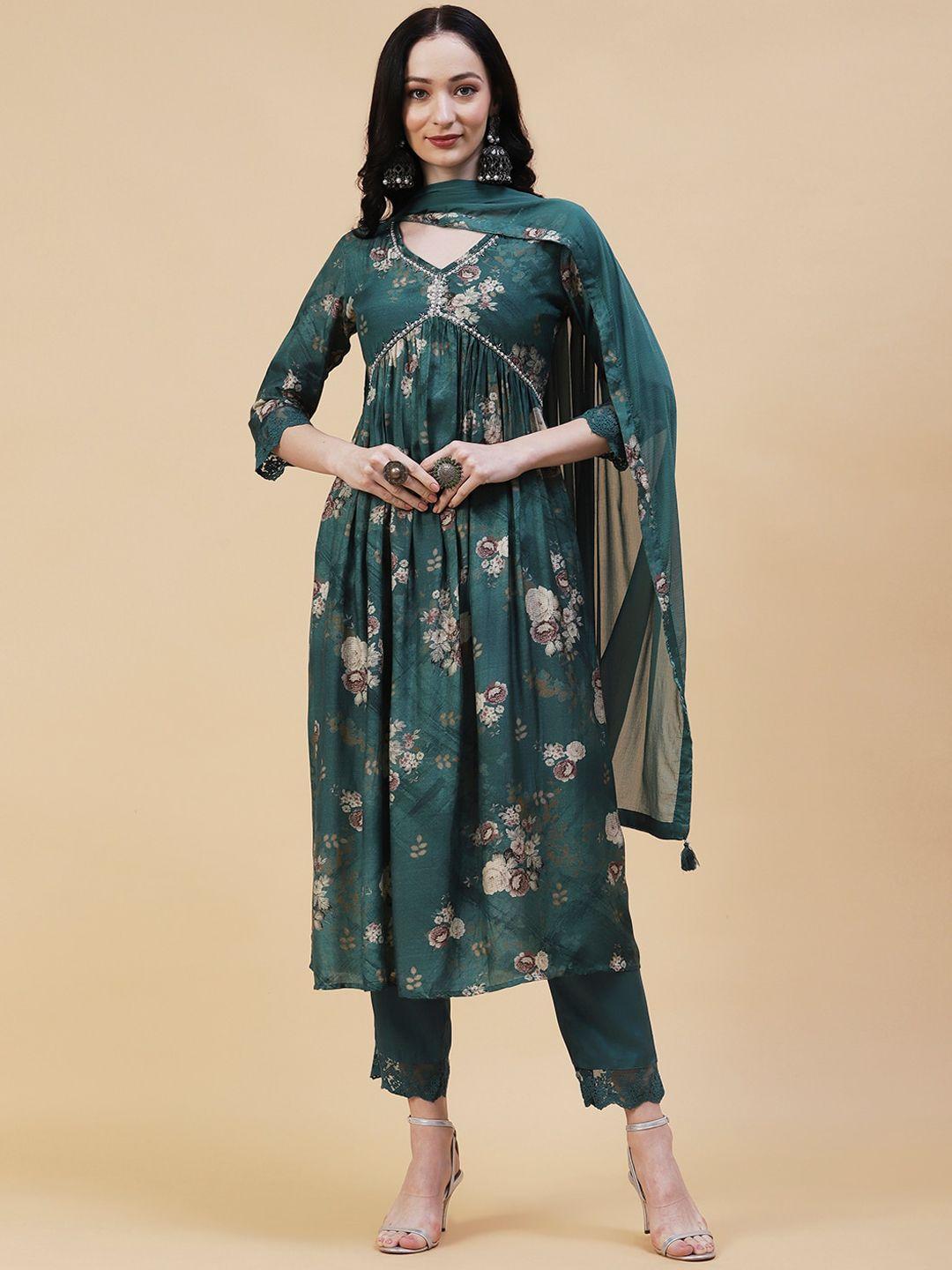 fashor floral printed beads and stones anarkali kurta with trousers & dupatta