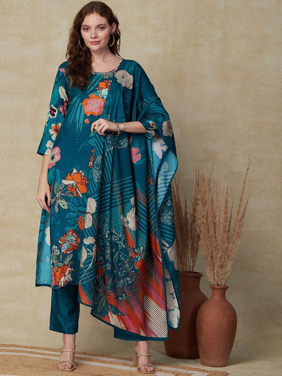 fashor floral printed beads and stones kurta with trousers & dupatta