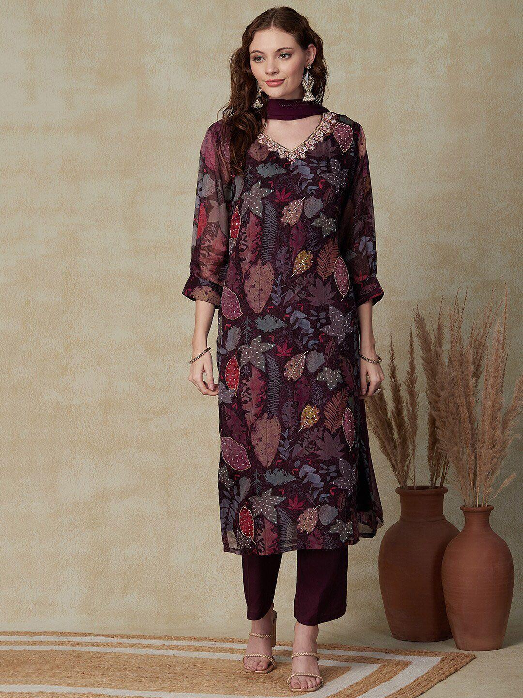 fashor floral printed beads and stones kurta with trousers & dupatta