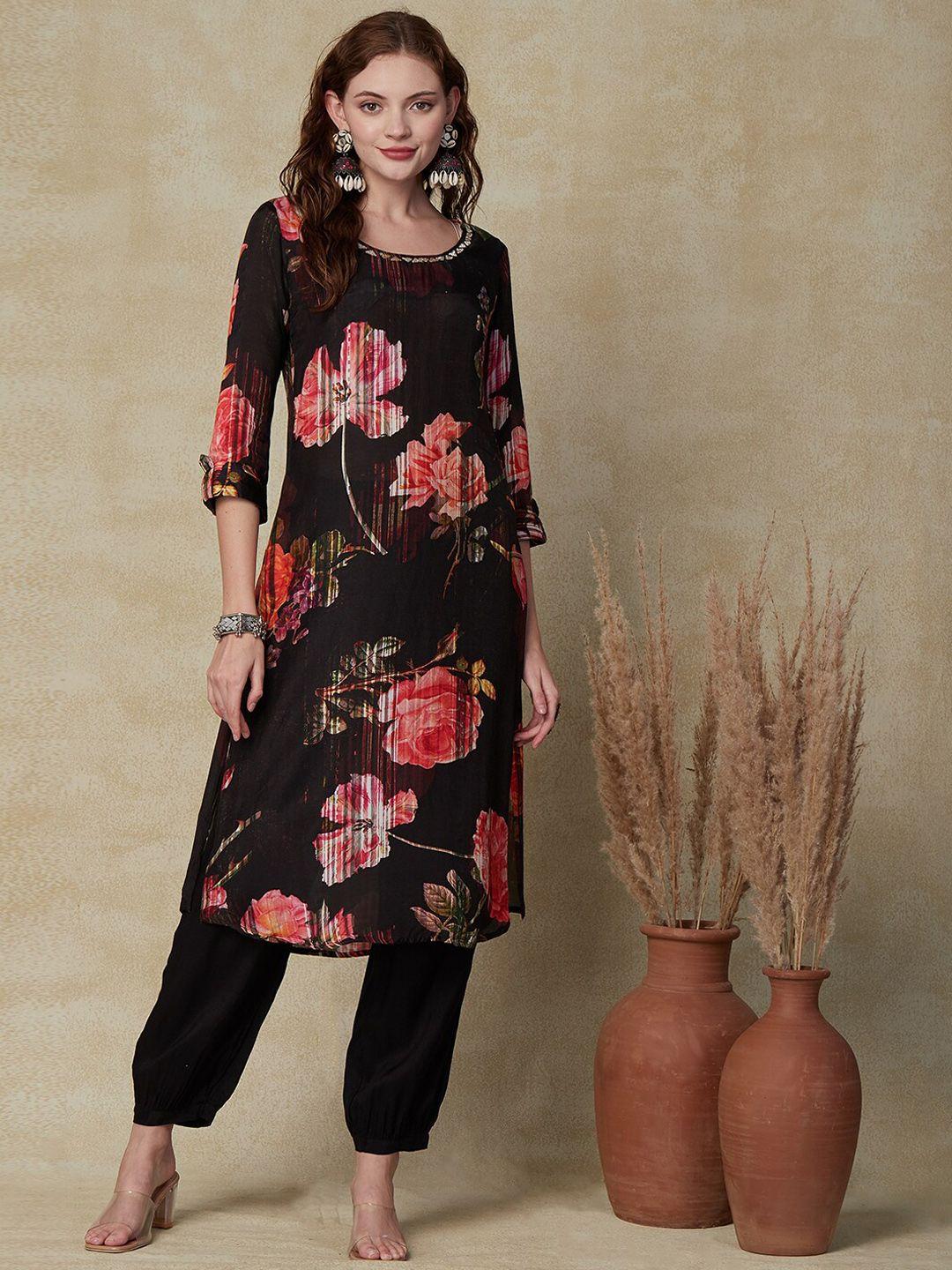 fashor floral printed beads and stones regular kurta with trousers