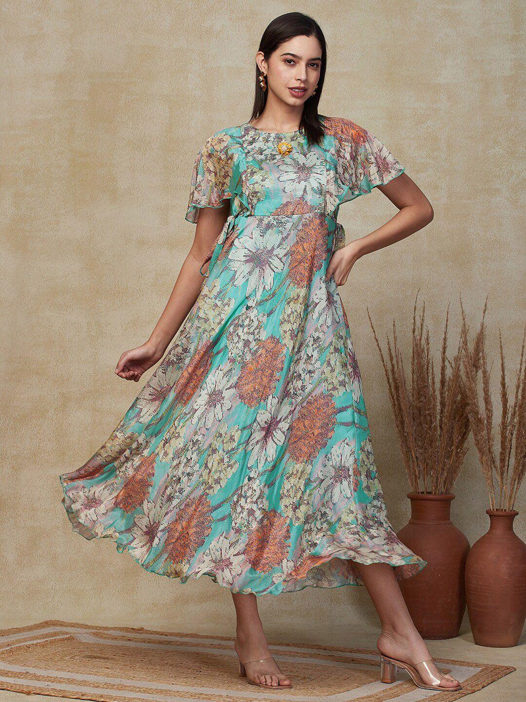 fashor floral printed crepe flared sleeves tie up maxi dress