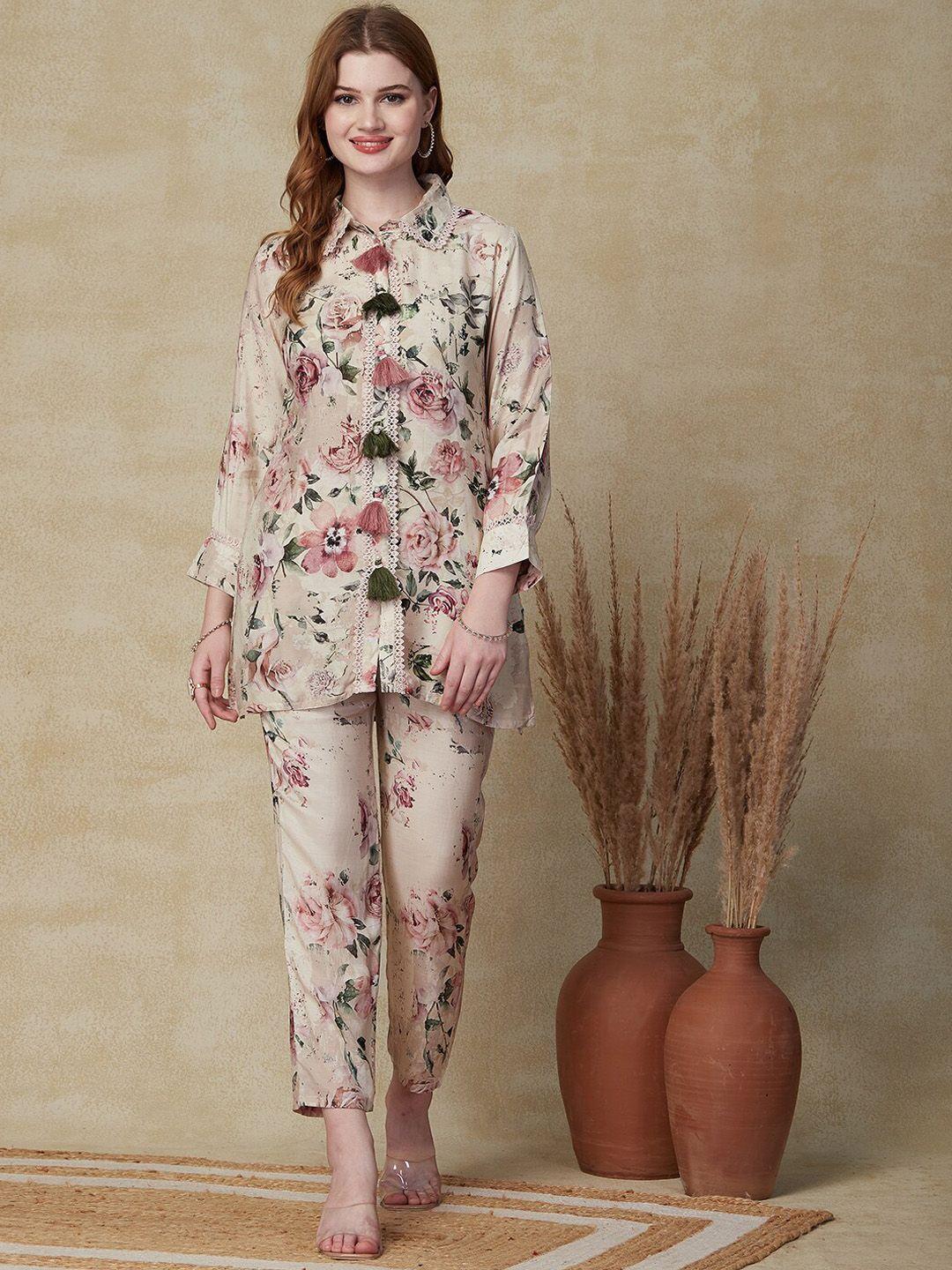 fashor floral printed embellished shirt with trousers