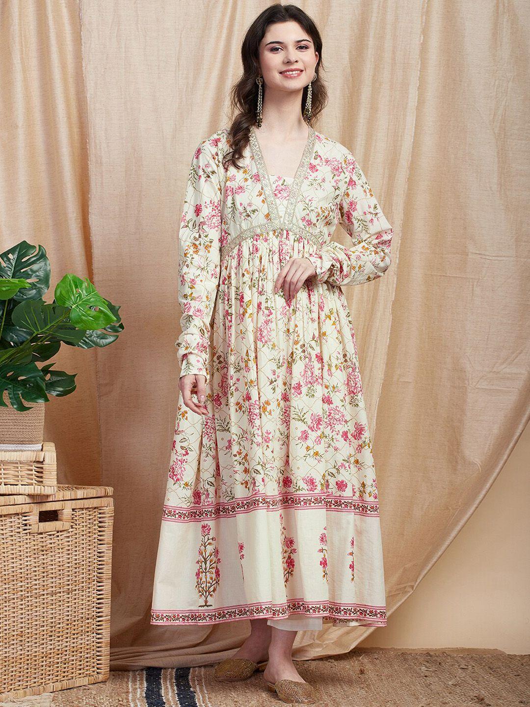 fashor floral printed embroidered pure cotton anarkali kurta with trousers