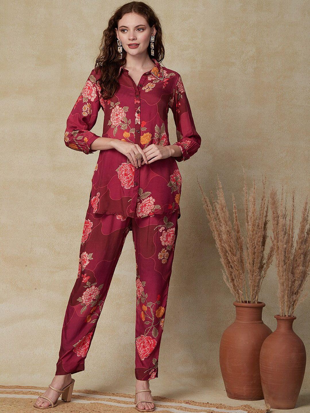 fashor floral printed embroidered shirt with trousers