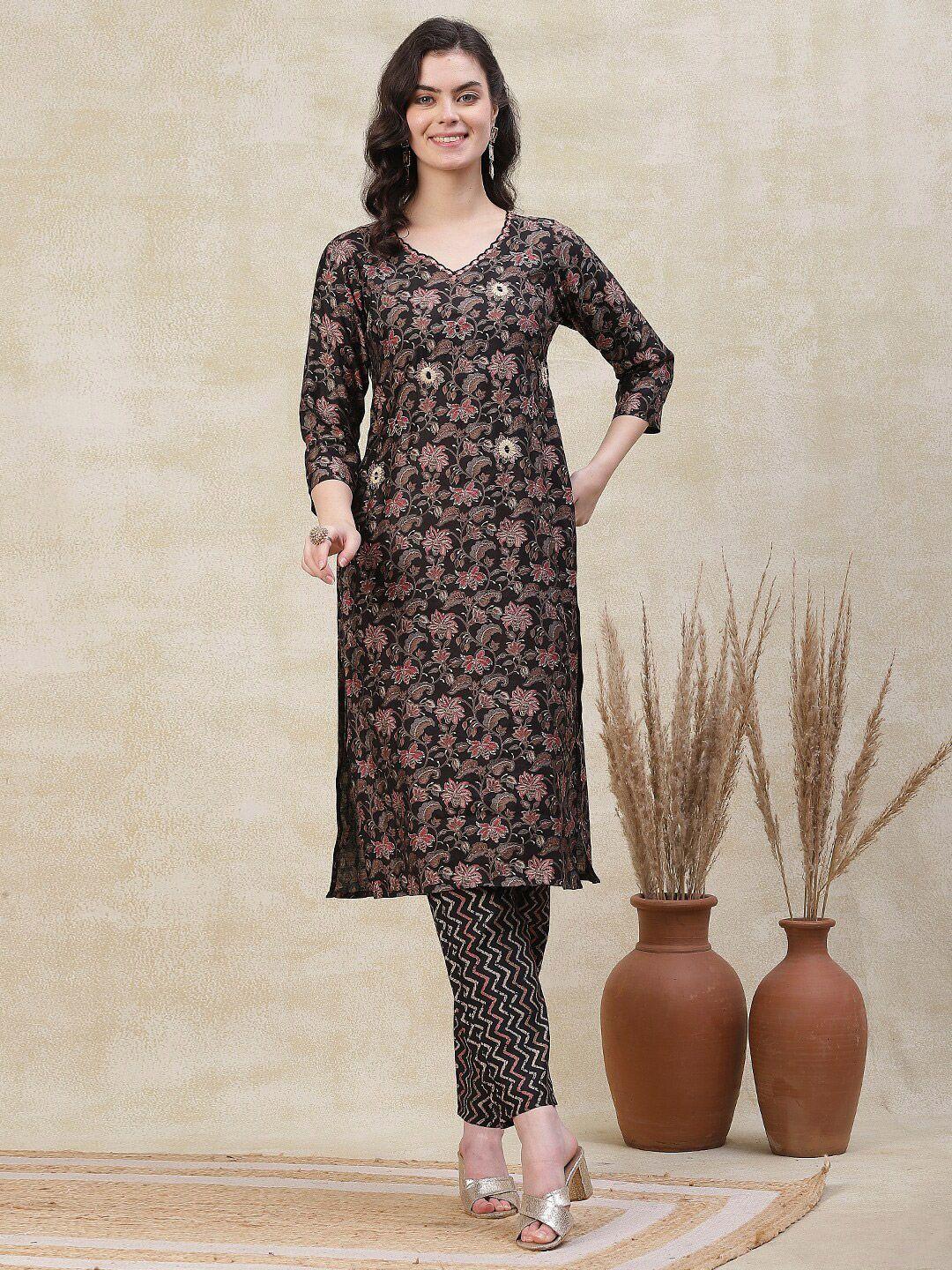 fashor floral printed embroidered straight kurta with trousers & dupatta