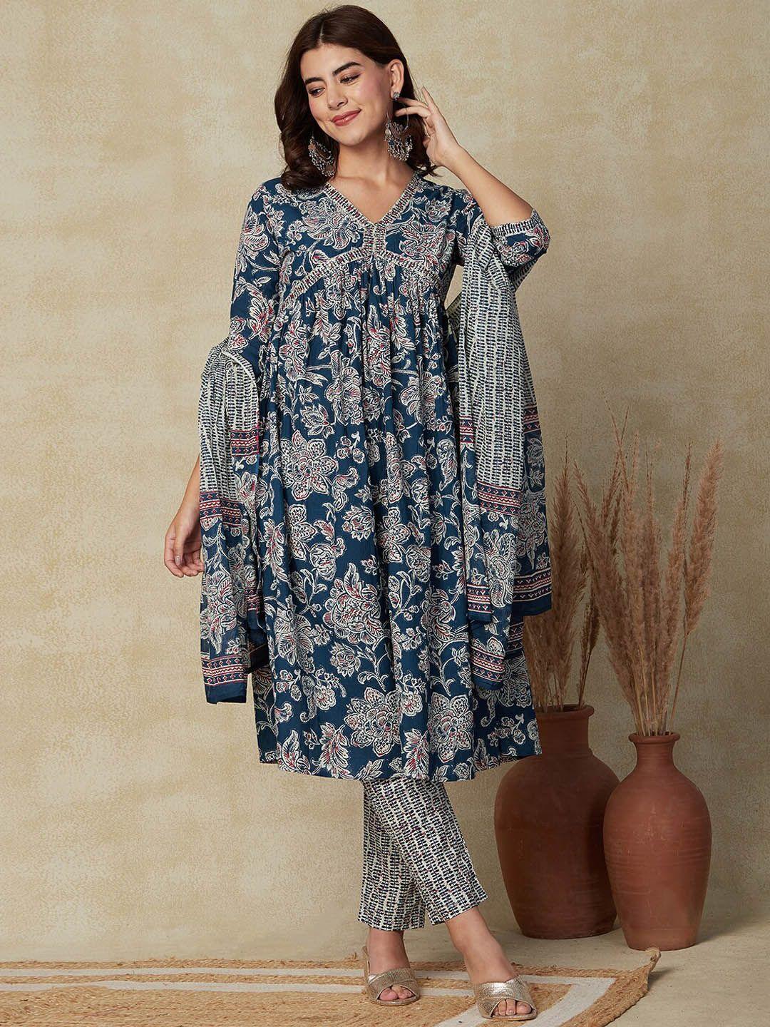 fashor floral printed empire pure cotton a-line kurta with trousers & dupatta