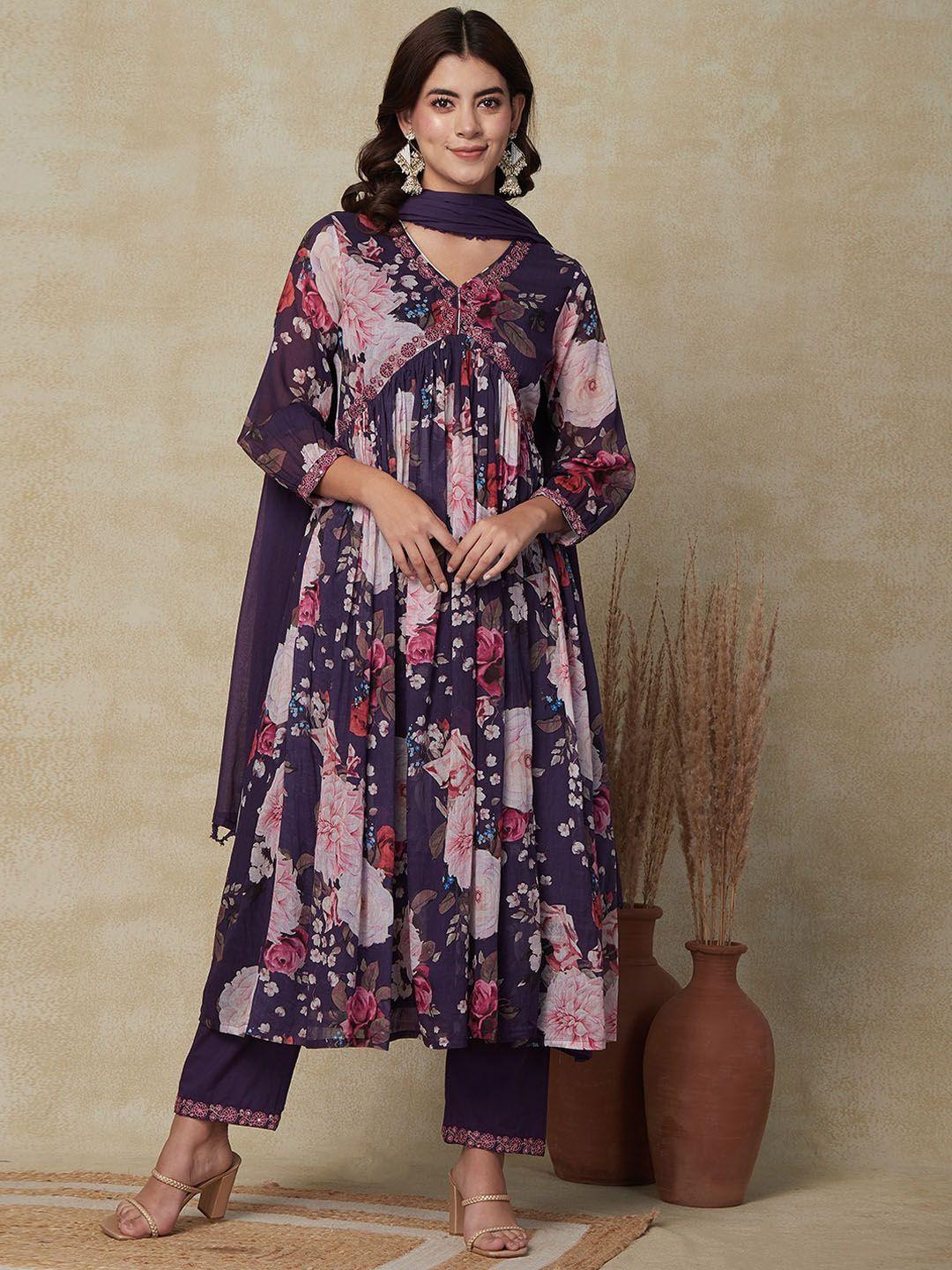 fashor floral printed empire thread work pure cotton kurta with trousers & dupatta