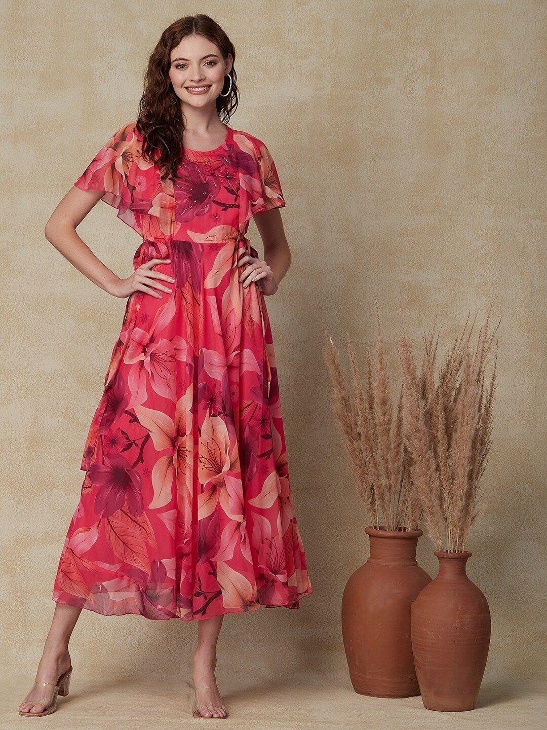 fashor floral printed flutter sleeve chiffon a-line midi dress