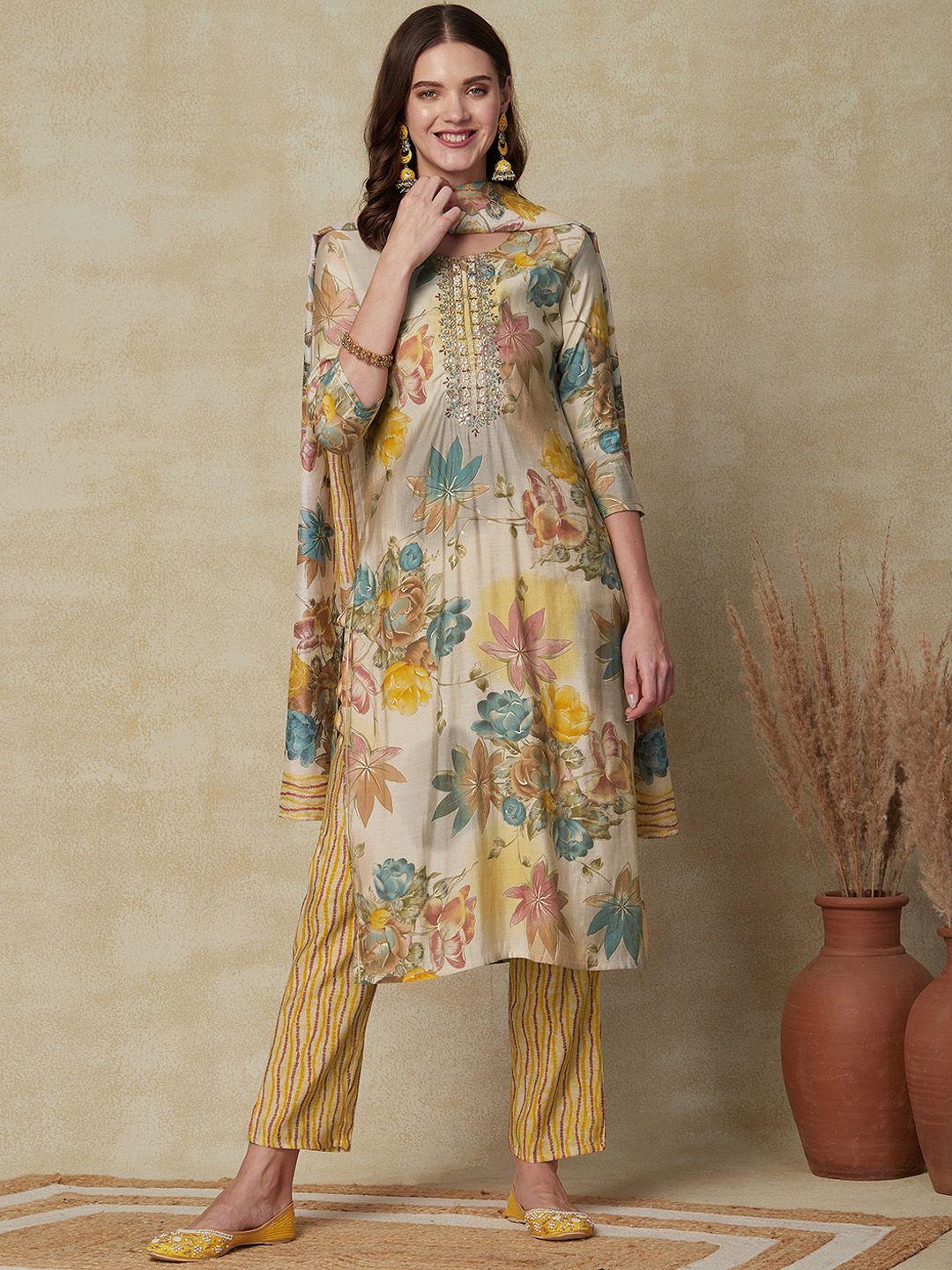 fashor floral printed gotta patti kurta & trousers with dupatta