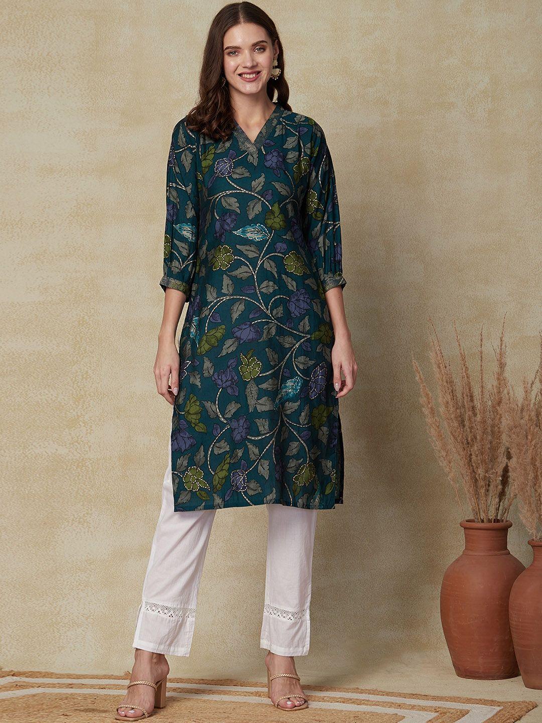 fashor floral printed kantha work puff sleeves kurta