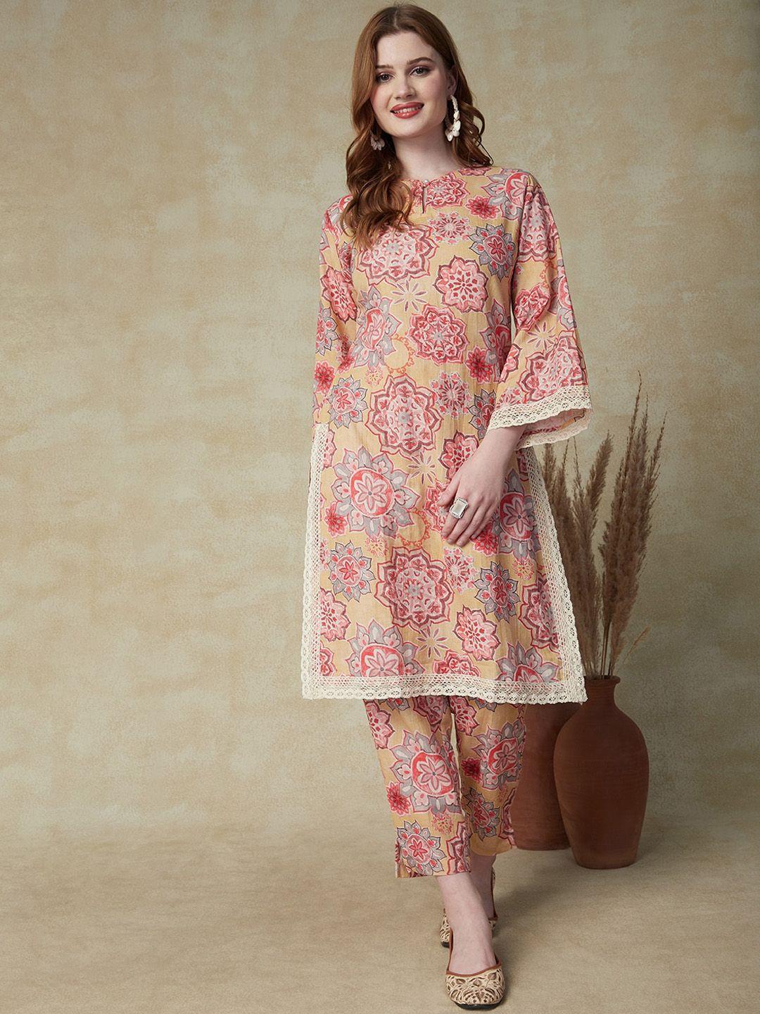 fashor floral printed keyhole neck pure cotton straight kurta with trousers