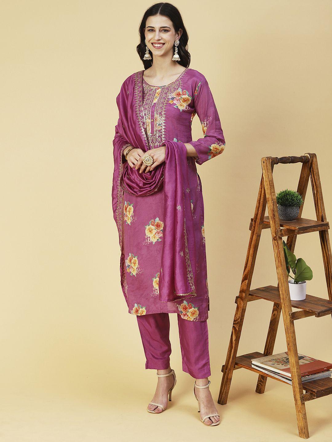 fashor floral printed kurta with trousers & with dupatta