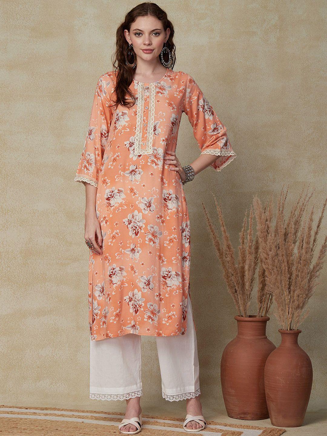 fashor floral printed lace embellished straight kurta