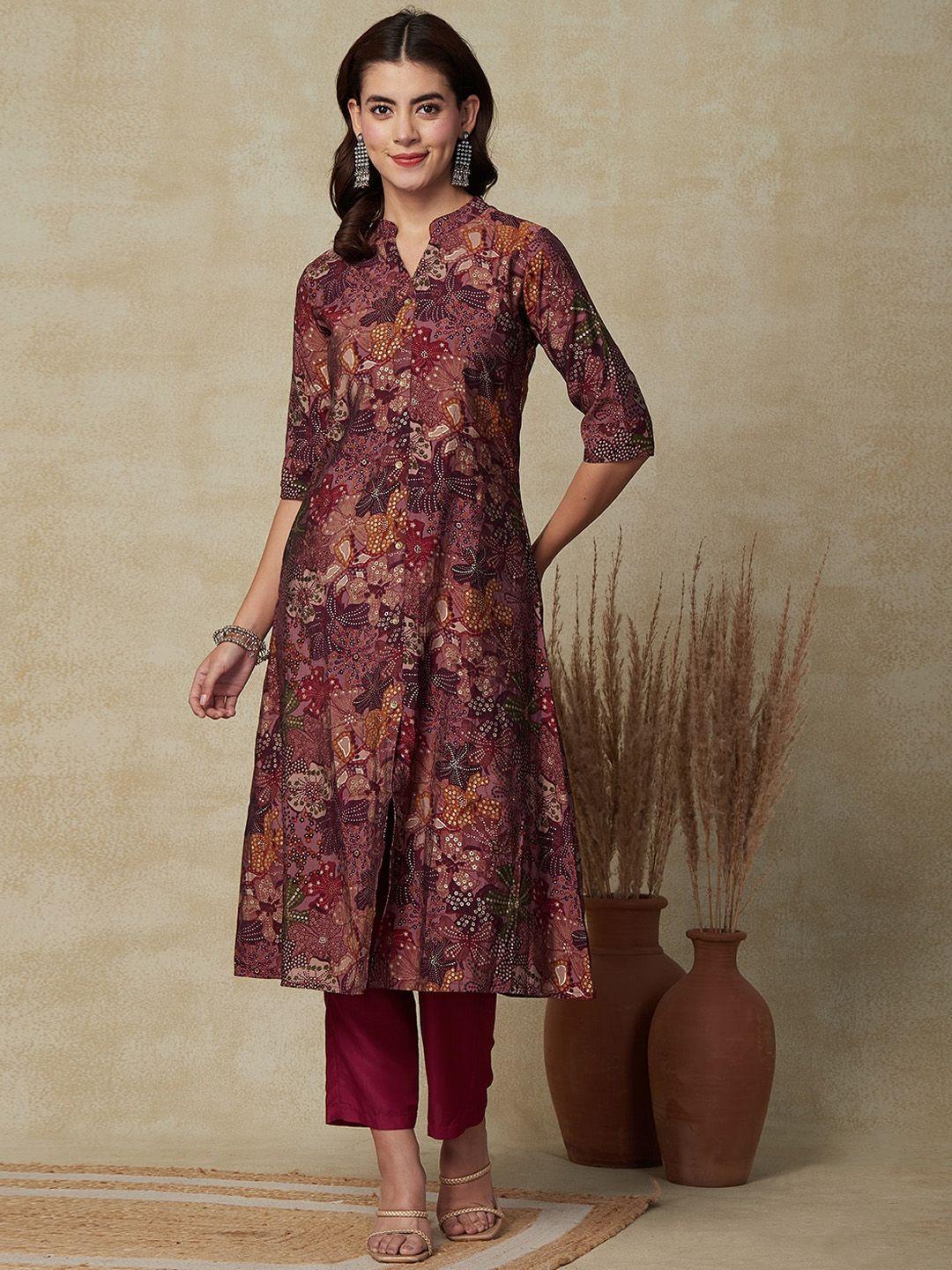 fashor floral printed mandarin collar a-line kurta