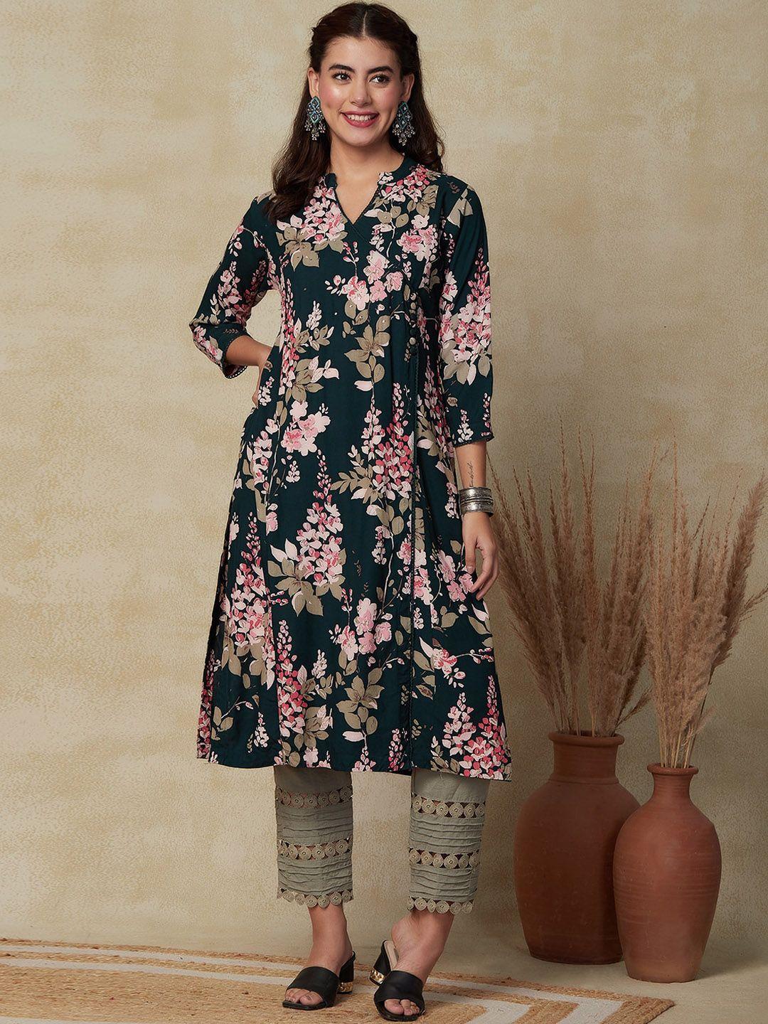 fashor floral printed mandarin collar angrakha a-line kurta