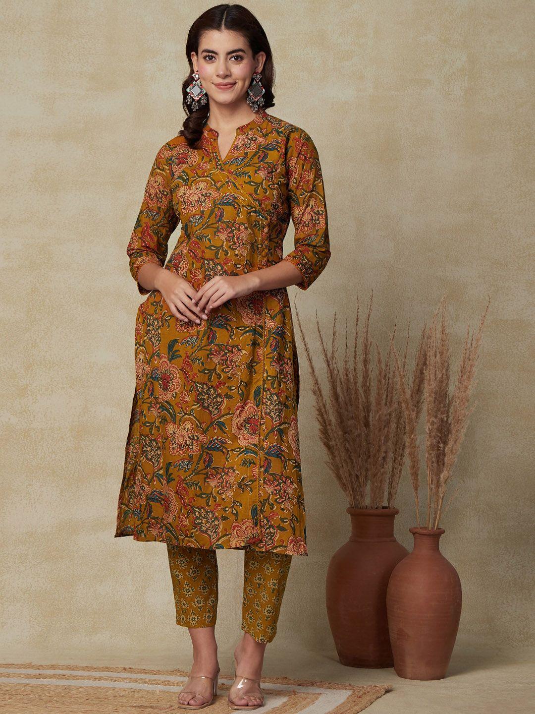fashor floral printed mandarin collar angrakha cotton straight kurta with trousers
