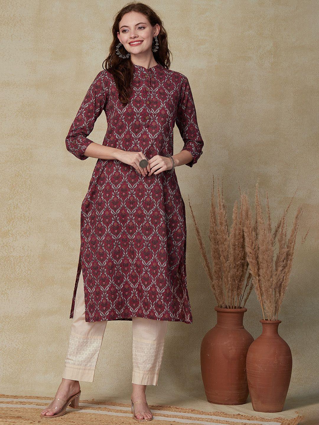 fashor floral printed mandarin collar cotton straight kurta