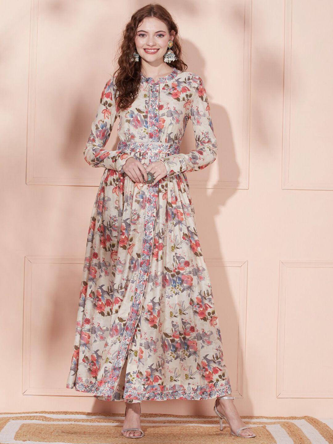 fashor floral printed mandarin collar embroidered detail a-line maxi dress