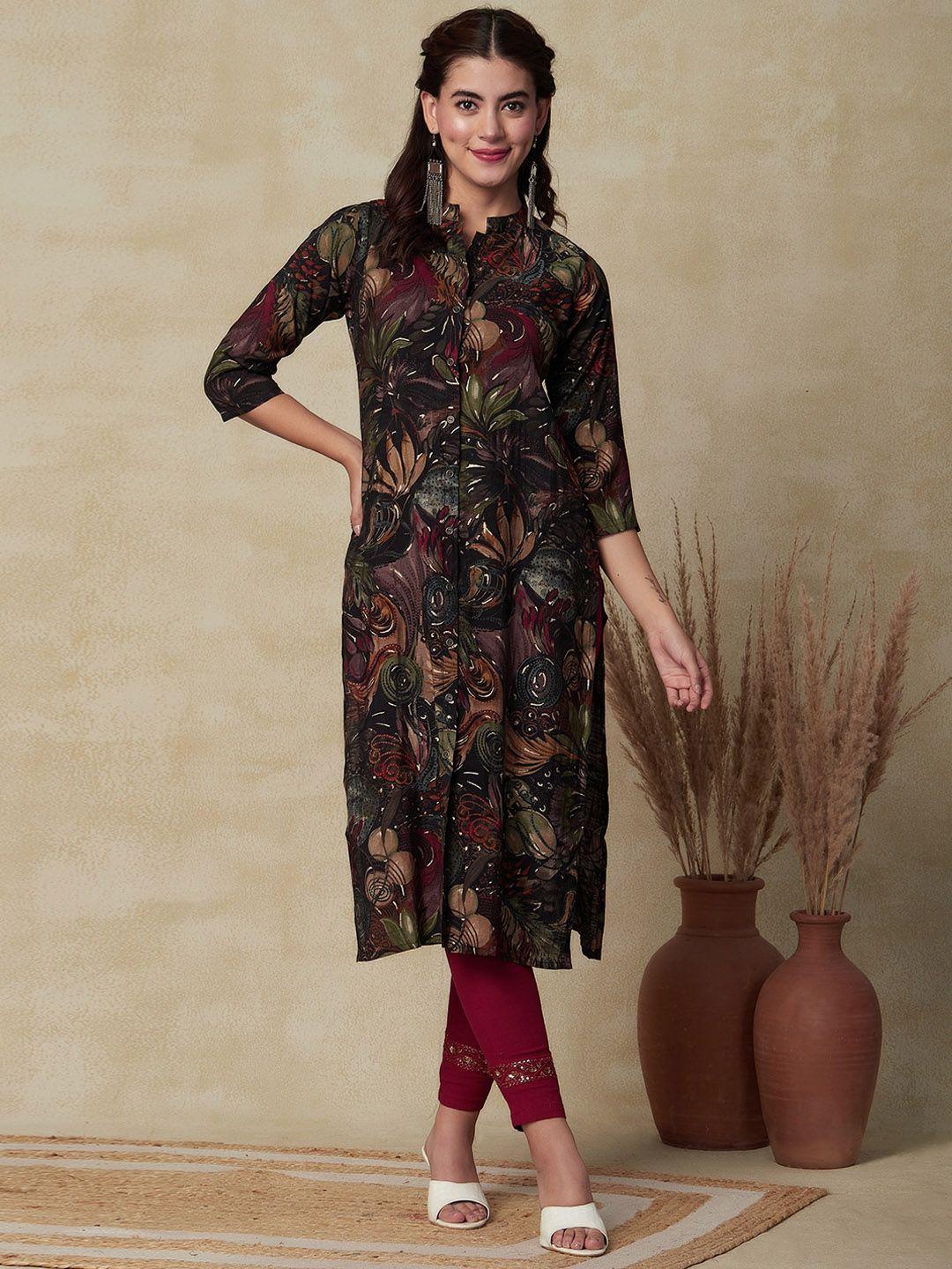 fashor floral printed mandarin collar foil print straight muslin silk kurta