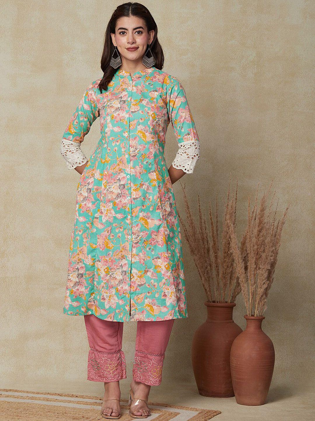 fashor floral printed mandarin collar panelled cotton kurta