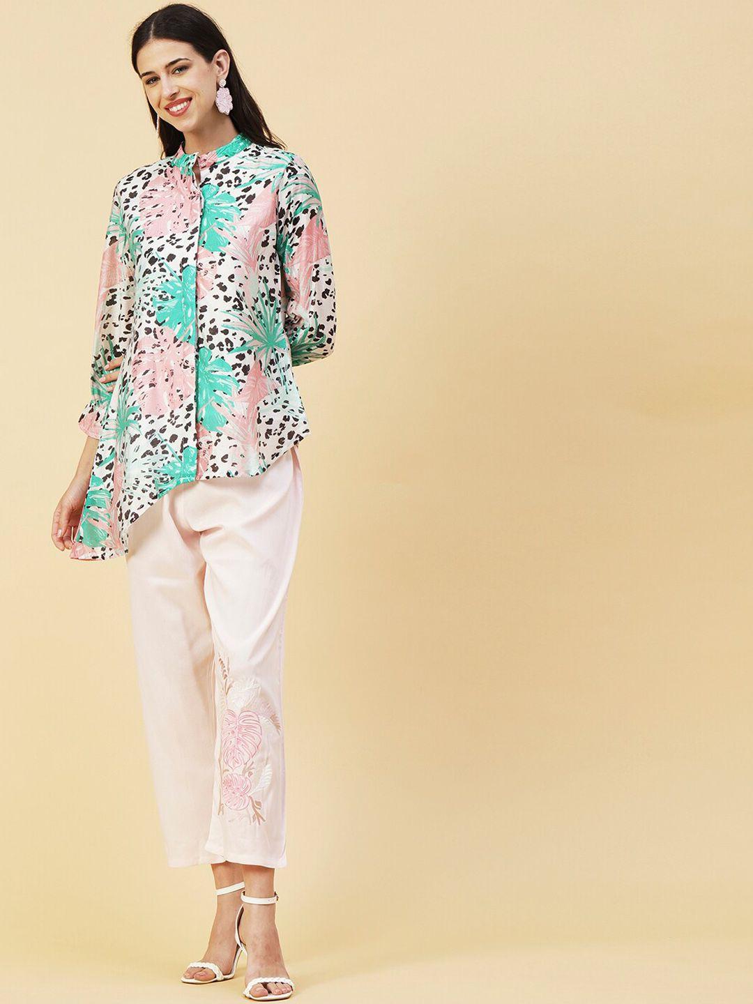 fashor floral printed mandarin collar shirt with trousres co-ords