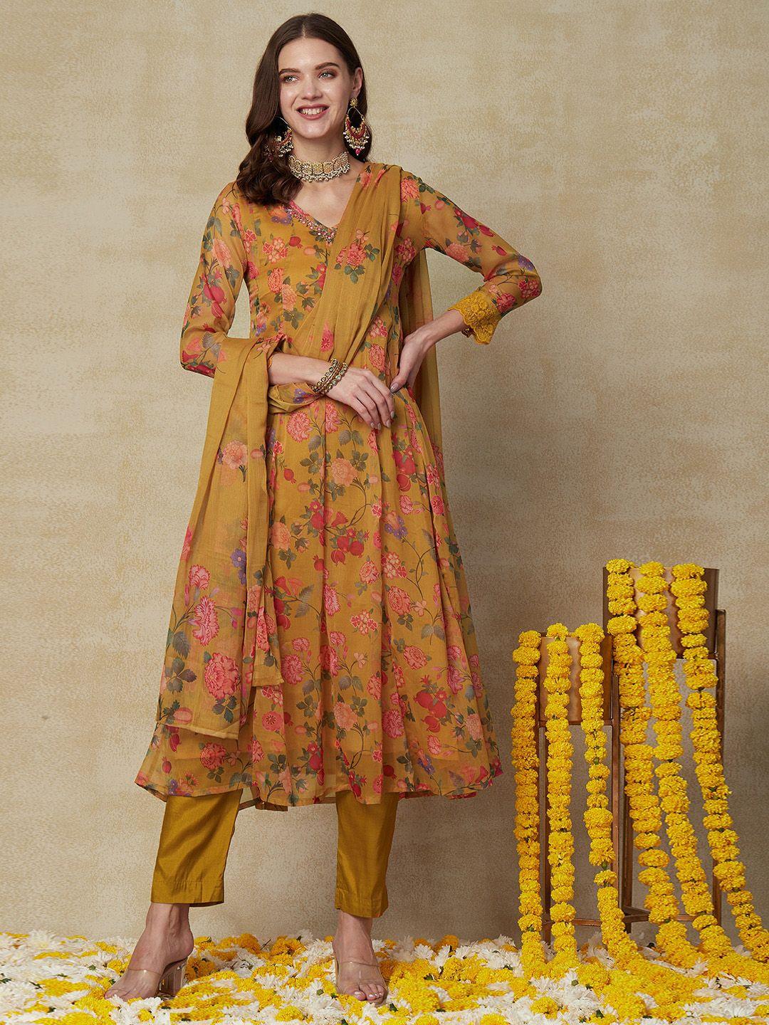 fashor floral printed mirror work kurta & trousers with dupatta