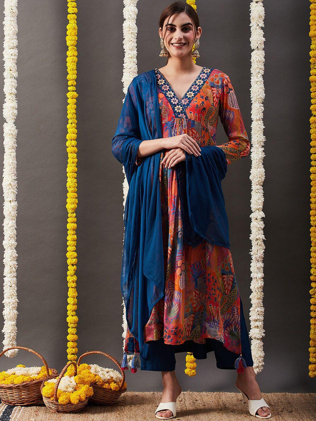 fashor floral printed mirror work kurta & trousers with dupatta