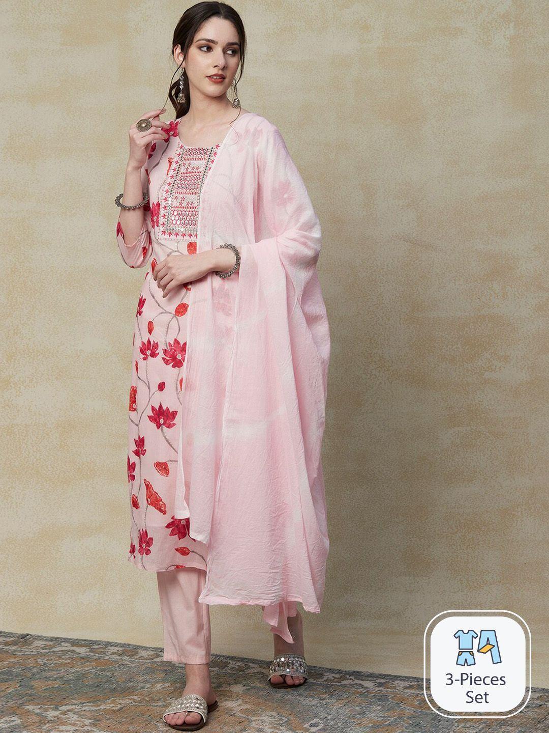 fashor floral printed mirror work pure cotton kurta & trousers with dupatta