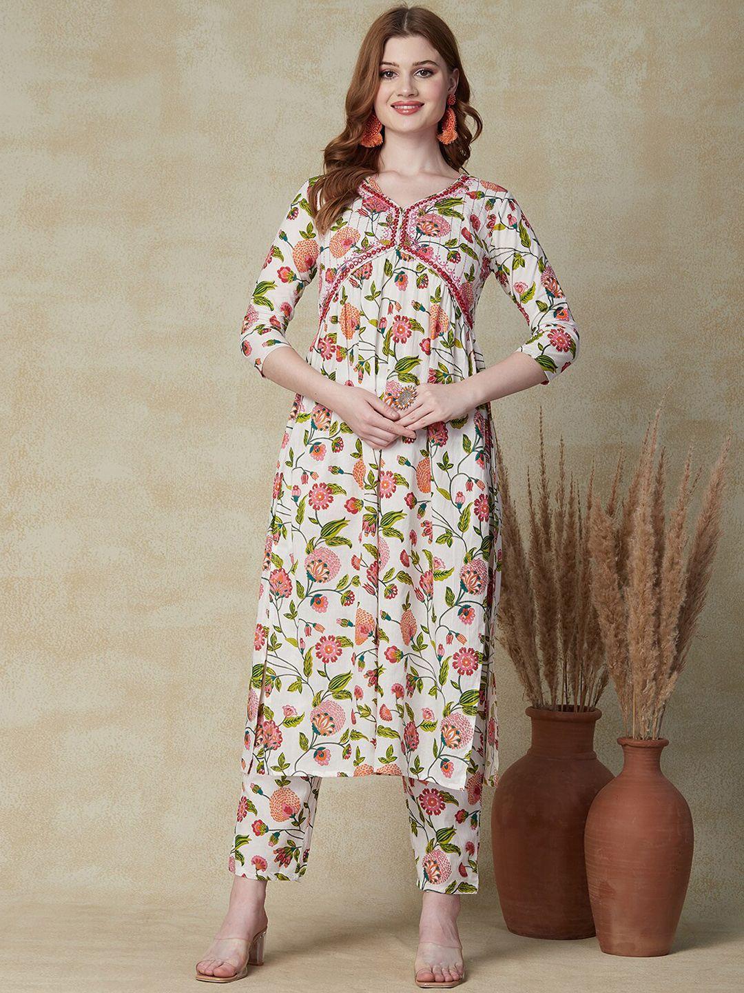 fashor floral printed mirror work pure cotton kurta with trousers