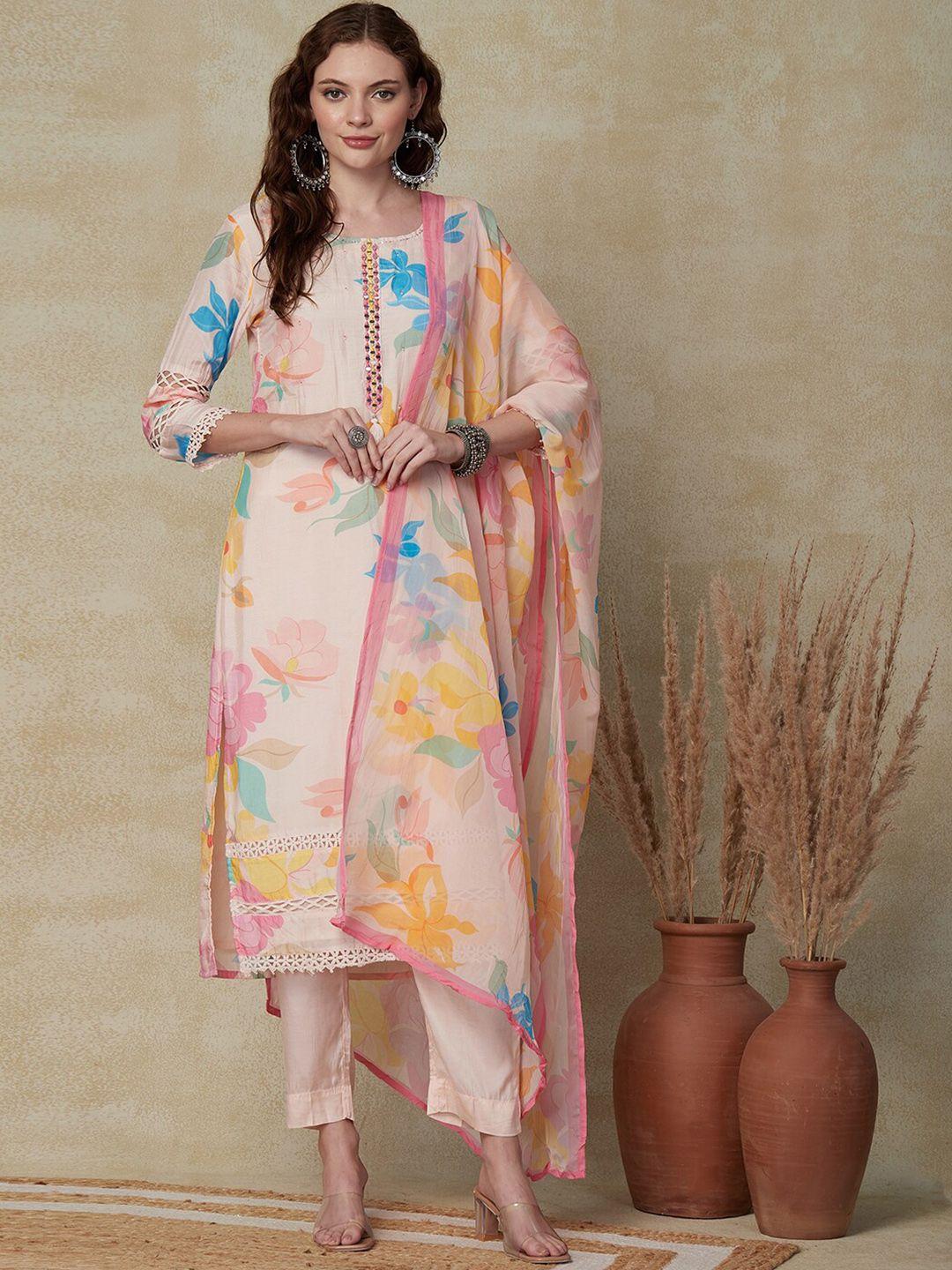 fashor floral printed mirror work regular kurta with trousers & with dupatta