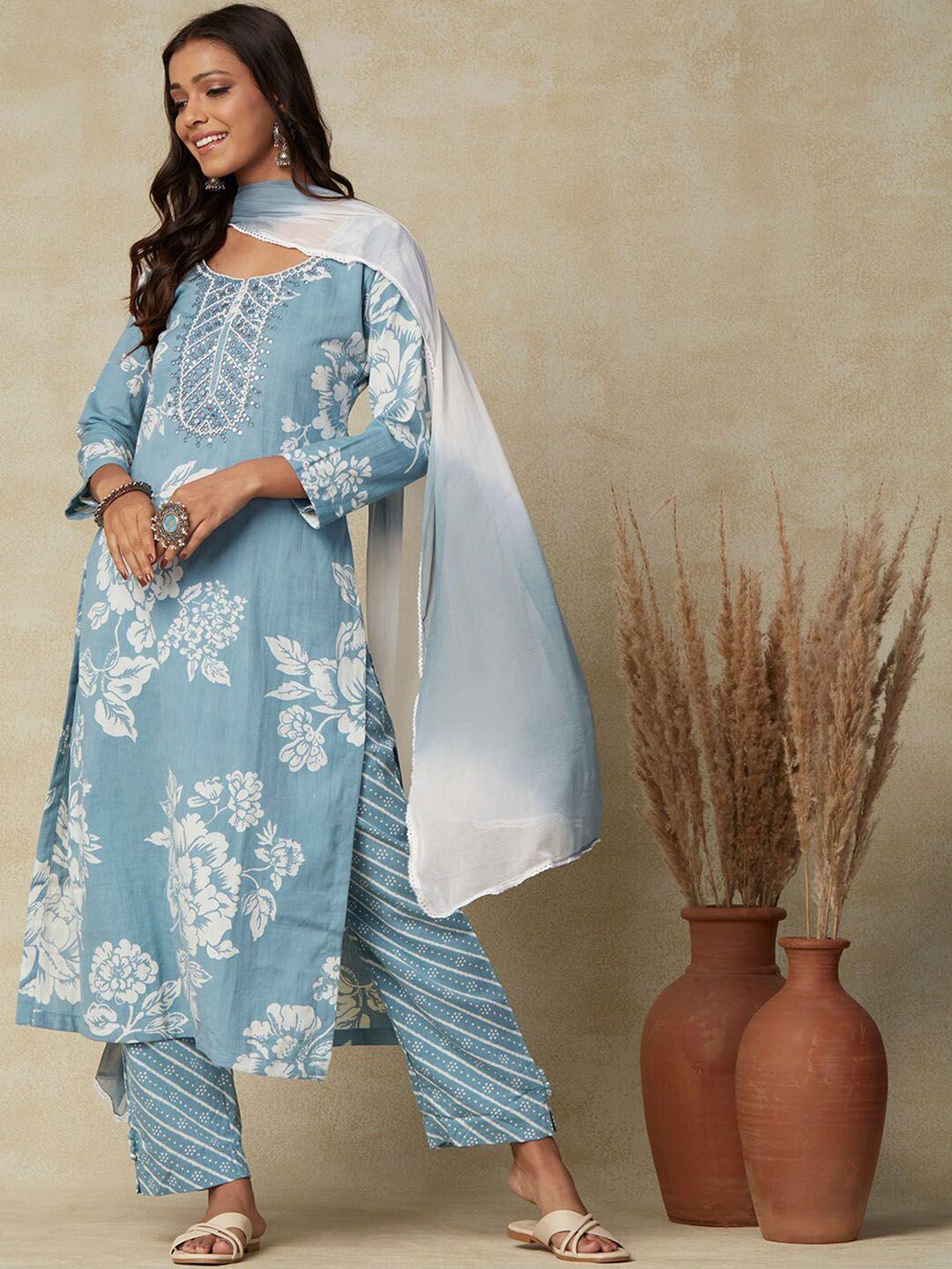 fashor floral printed mirror work straight kurta with trousers & dupatta