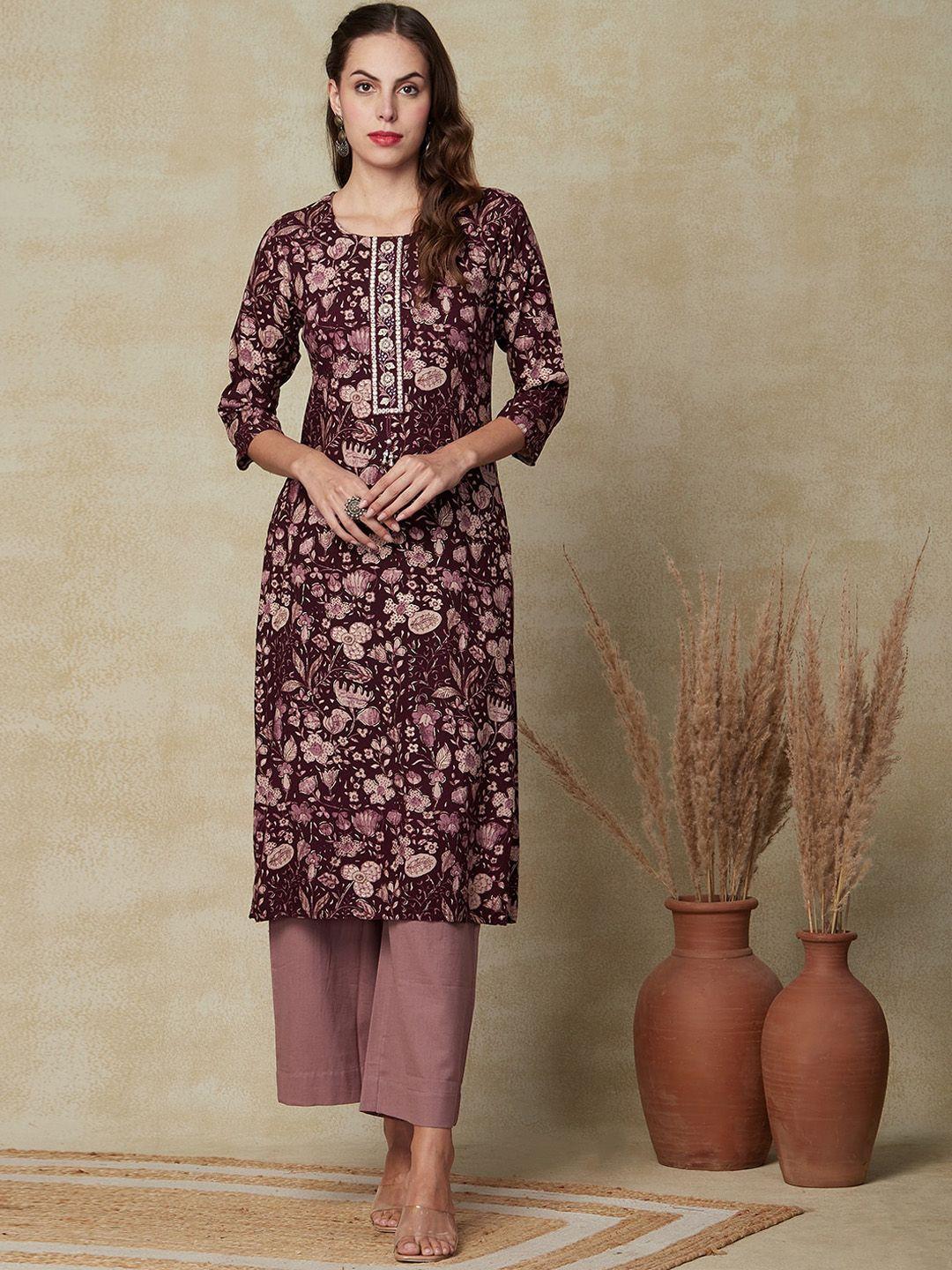 fashor floral printed mirror work straight kurta