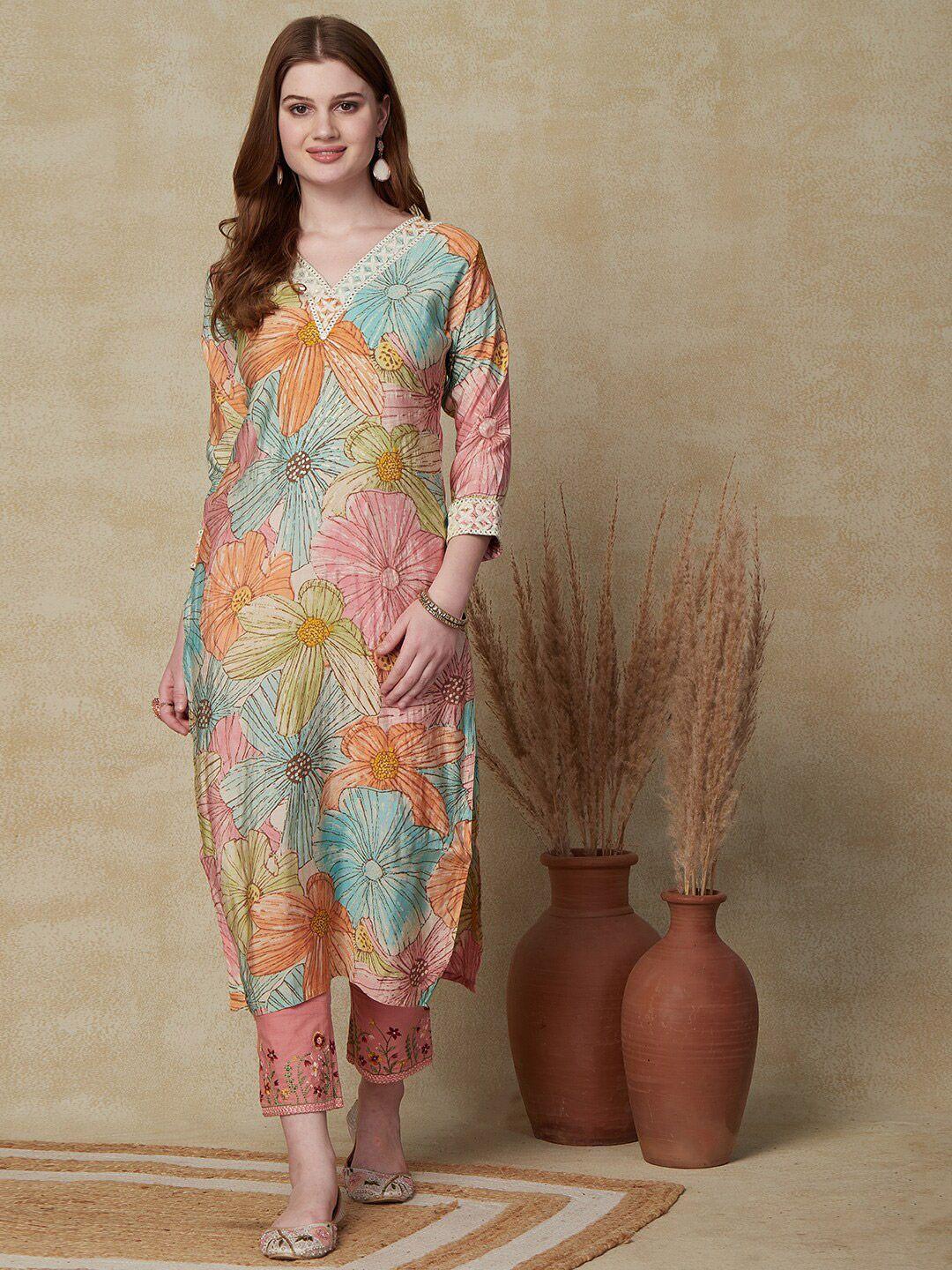 fashor floral printed mirror work straight kurta