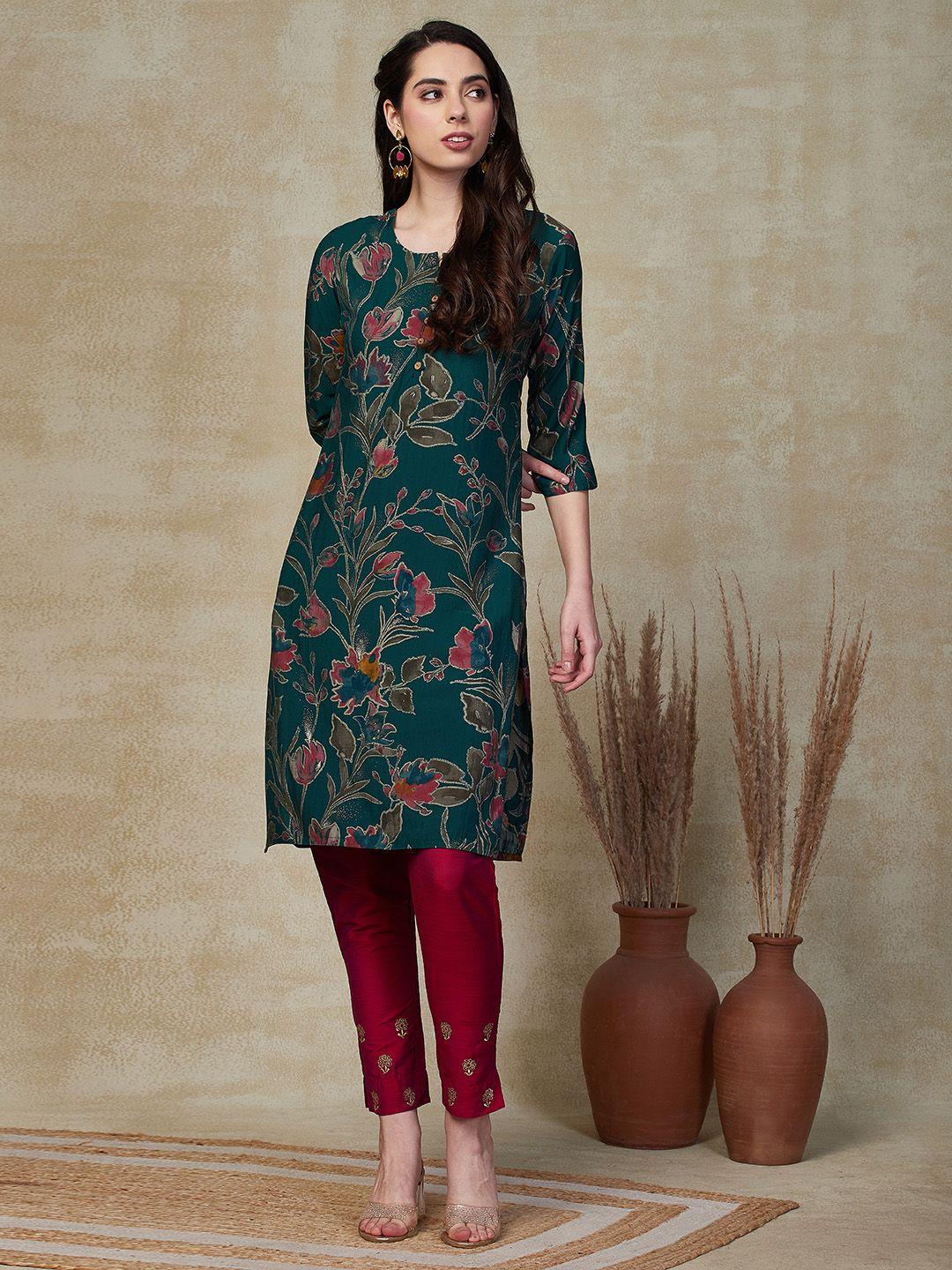 fashor floral printed notch neck straight fit kurta