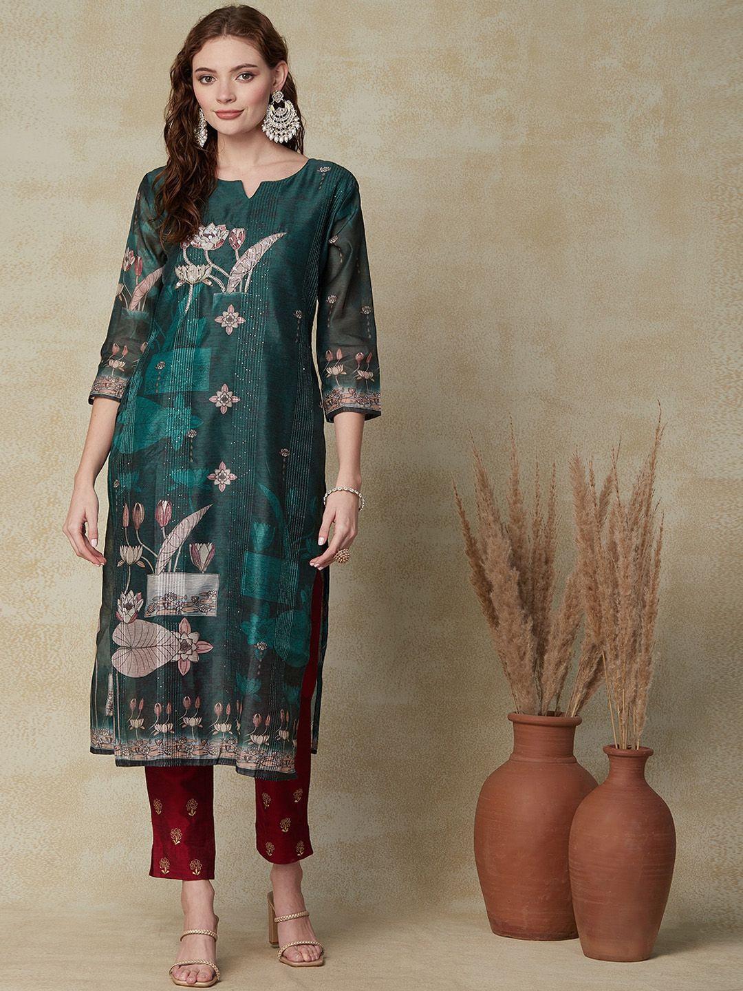 fashor floral printed notched round neck sequinned kurta