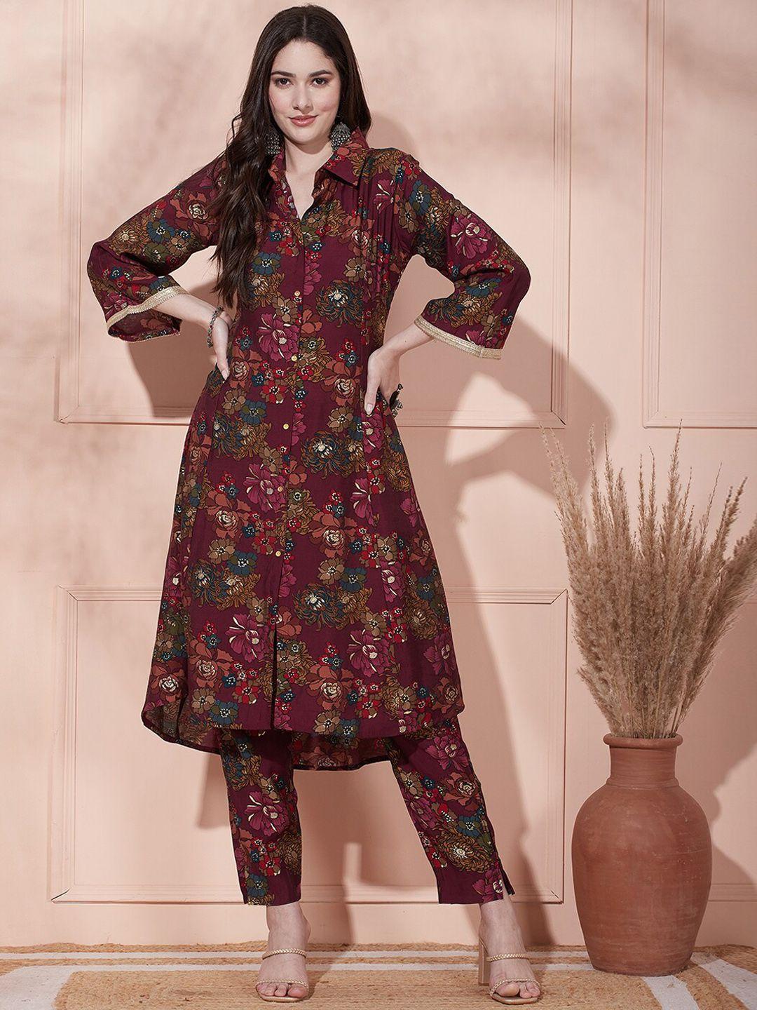 fashor floral printed panelled a-line kurta with trousers
