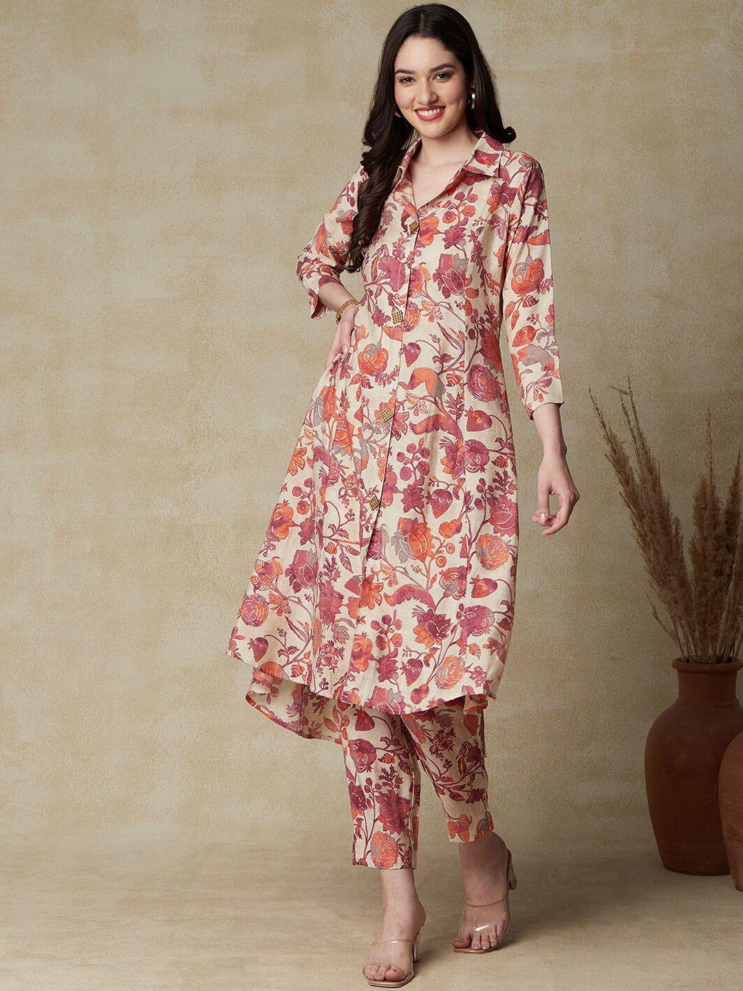 fashor floral printed panelled a-line kurta with trousers