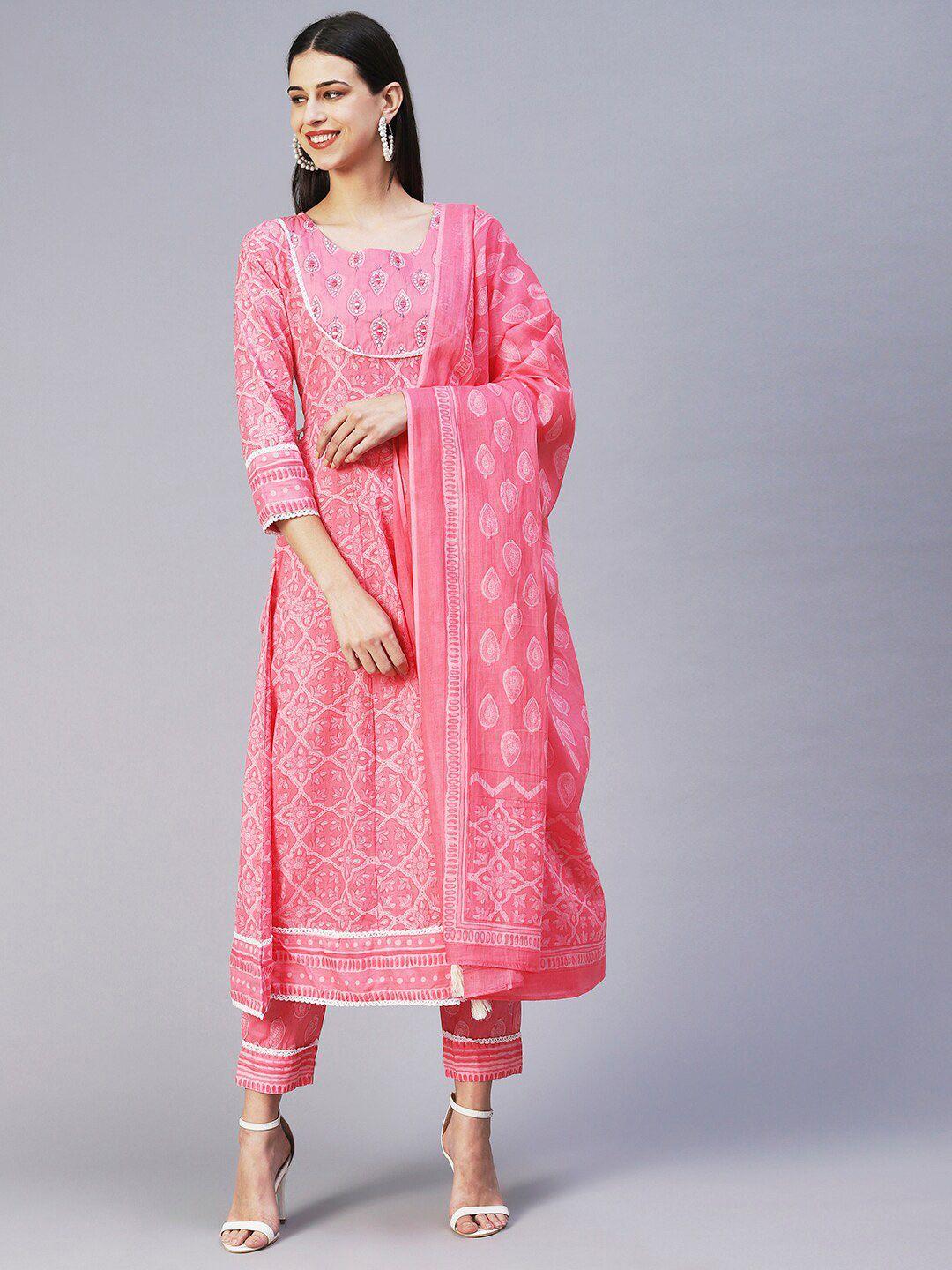 fashor floral printed panelled mirror work pure cotton kurta with trousers & with dupatta